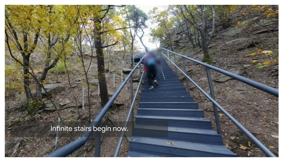 Long staircase path through autumn forest on Gwanaksan hiking trail