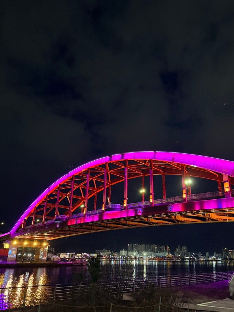 Illuminated steel arch bridge at night with vivid pink, purple, and orange LED lighting reflected in the dark water below, residential apartment blocks and city lights visible in the background