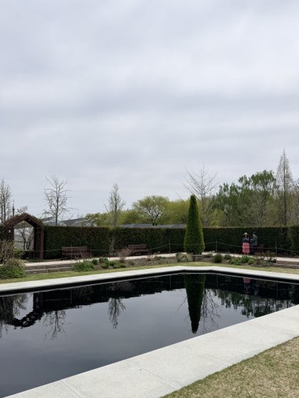 Rectangular formal reflection pool with mirror-still dark water at Jeonju Arboretum, a tall conical topiary perfectly reflected at center, dense clipped hedge border along the far edge, and two hat-wearing visitors standing in the background